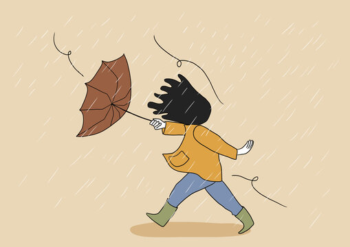 Dessin d'une femme en bottes sous la pluie, son parapluie se retourne &agrave; cause d'une bourrasque de vent