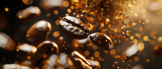 Close up of flying roasted coffee beans. Macro shot of coffee for advertising, cafe banner. Generative ai	
