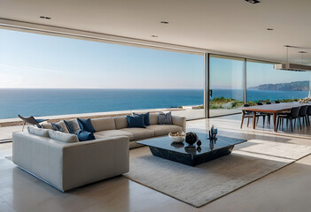 Fototapeta premium Luxury architecture, ocean front property landscape. Modern living room interior design with sleek contemporary designer furniture, minimalist decor large windows, panoramic coastal view background.
