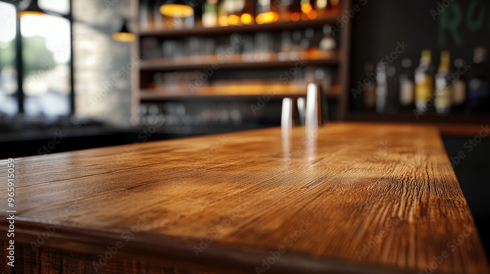 Poster an empty wooden bar counter with out-of-focus bottles of liquor on a shelf, highlighting the sleek a