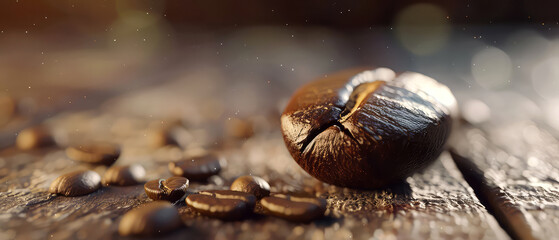 Close up of flying roasted coffee beans. Macro shot of coffee for advertising, cafe banner. Generative ai