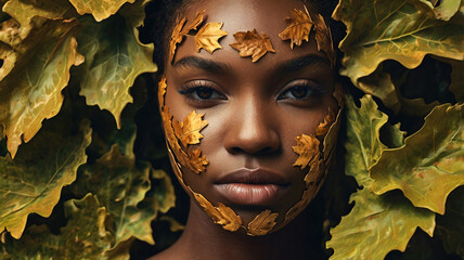 The portrait features a young African American girl, a photo model, set against a backdrop of autumn leaves, with her face decorated with golden leaves.