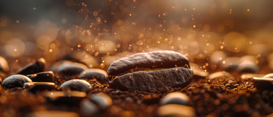 Close up of flying roasted coffee beans with golden shimmer, particles. Macro shot of coffee for advertising, cafe banner. Generative ai