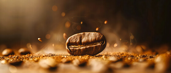 Close up of flying roasted coffee beans with golden shimmer, particles. Macro shot of coffee for advertising, cafe banner. Generative ai