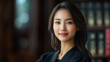 Fototapeta premium Asian Woman Judge - woman, professional, confident, lawyer, judge, law, courtroom, legal professional, authority, justice, female judge, law books, library, judicial