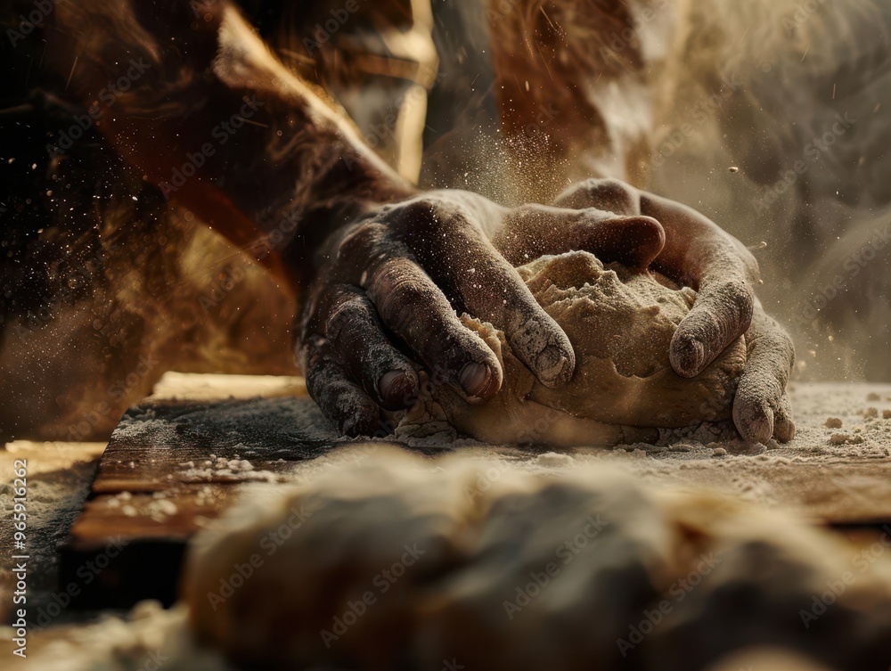 Aufkleber atmospheric closeup of flourdusted hands kneading dough on a rustic wooden surface with dramatic chi