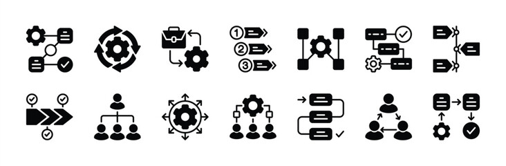 Business workflow flat icon set. Containing process, productivity, management, system, efficiency, hierarchy, teamwork, step, connecting, production. Vector illustration
