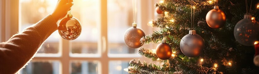 Fototapeta premium A warm moment of holiday cheer as a hand decorates a Christmas tree with shiny ornaments, capturing the spirit of the season.