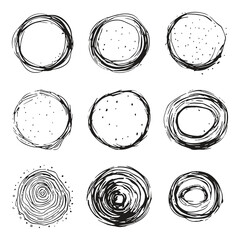Vector hand drawn charcoal circles set black design elements isolated on white background