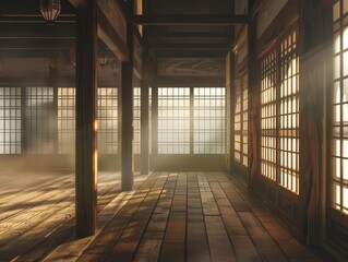 Fototapeta premium atmospheric martial arts dojo traditional japanese architecture with paper screens and wooden floors soft hazy lighting creates a sense of mystery and discipline