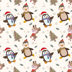 Christmas concept with Cute deer and penguin in winter pattern
