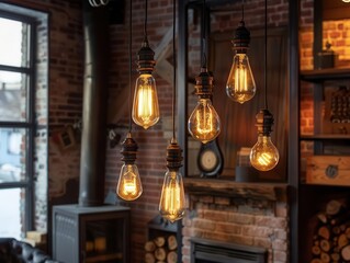 Obraz premium atmospheric scene with vintage edison bulbs suspended at varying heights casting warm glow in dark space industrial chic meets cozy ambiance