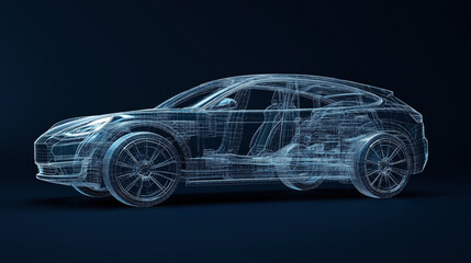 Naklejka premium A wireframe illustration of a car showcasing its internal structure, including mechanical components and seats, against a dark blue background.
