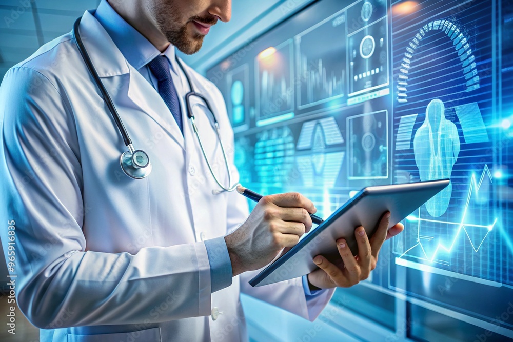 Wall mural male doctor using advanced medical technology tablet to improve patient diagnosis and treatment in a high tech modern healthcare facility environment