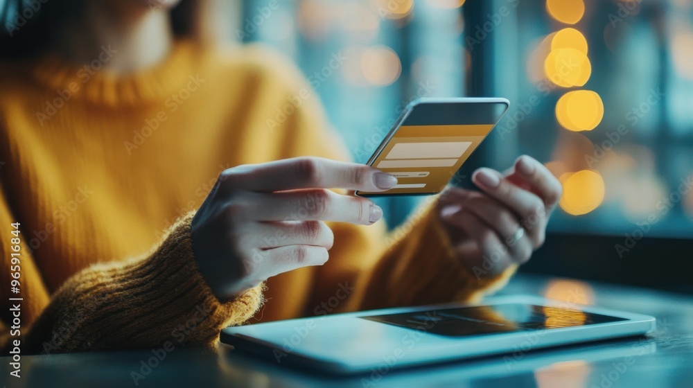 Poster close-up of a person using a digital wallet app to transfer savings into