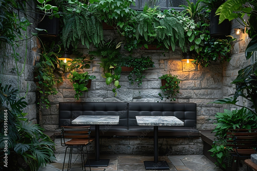 Poster a small patio with a black bench and two tables