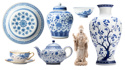 PNG Chinese porcelain ceramic element set, transparent background