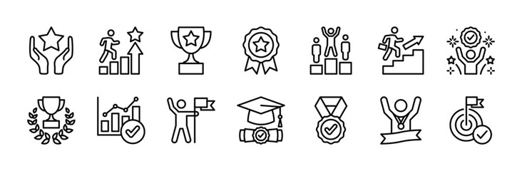 Success thin line icon set. Successful business career development. Containing achievement, winner, reward, trophy, target, goal, victory, chart growth, medal, champion, graduation vector illustration