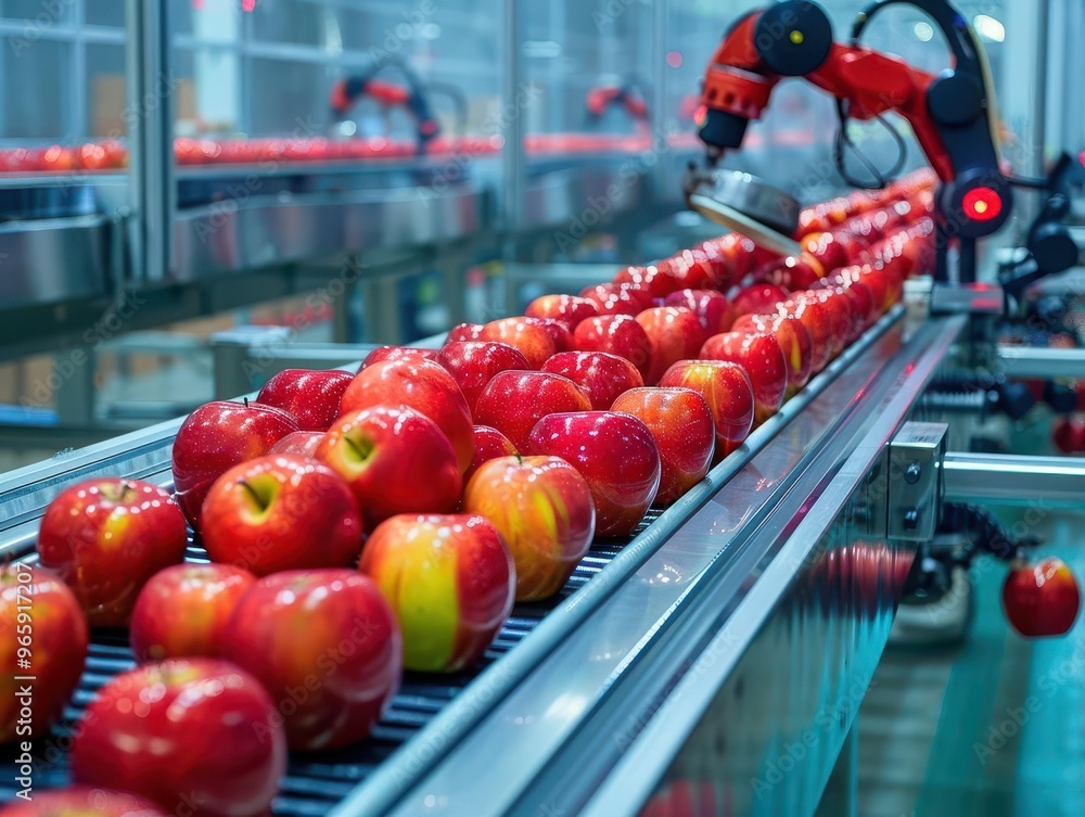 Aufkleber automated fruit processing glossy red apples glide along hightech conveyor belt robotic arms and aip