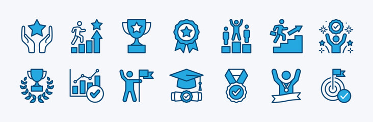 Set of success icon. Successful business career development. Containing achievement, winner, reward, trophy, target, goal, victory, chart growth, medal, champion, graduation. Vector illustration