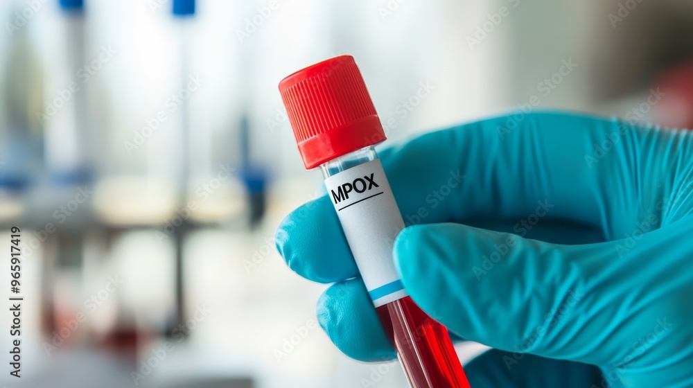 Poster close-up of a gloved hand holding a blood sample labeled 'mpox' in a lab. represents testing for mon