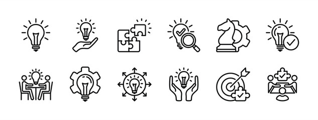 Solution thin line icon vector set. Containing problem solving, light bulb, idea, strategy, creativity, innovation, meeting, teamwork, connecting, management, puzzle, creative, invention, jigsaw