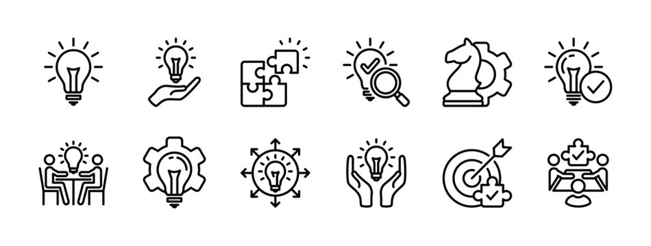 Solution thin line icon vector set. Containing problem solving, light bulb, idea, strategy, creativity, innovation, meeting, teamwork, connecting, management, puzzle, creative, invention, jigsaw
