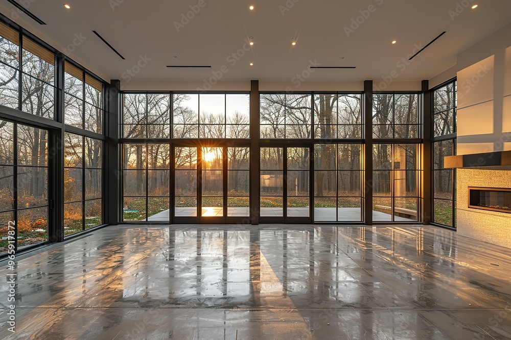 Poster a large open room with a fireplace and a view of the trees