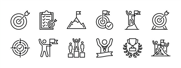 Business goals thin line icon vector set. Containing target, aim, accurate, objective, and mission of success, achievement, victory, winner, planning checklist, trophy, champion, mountain peak