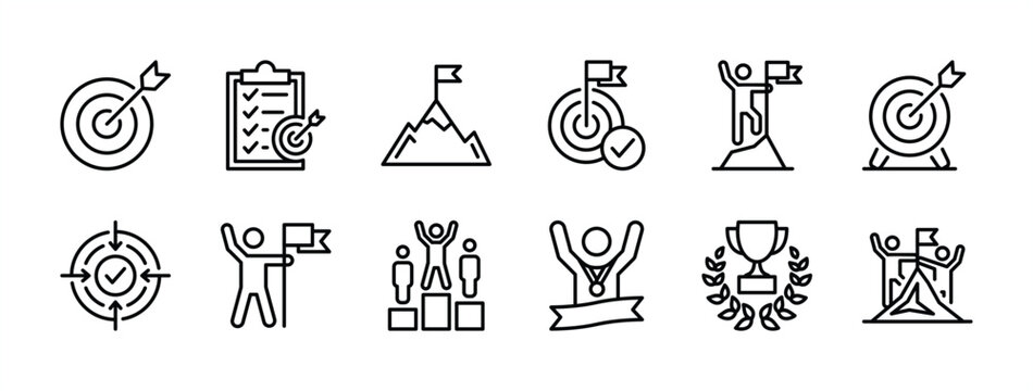 Business goals thin line icon vector set. Containing target, aim, accurate, objective, and mission of success, achievement, victory, winner, planning checklist, trophy, champion, mountain peak