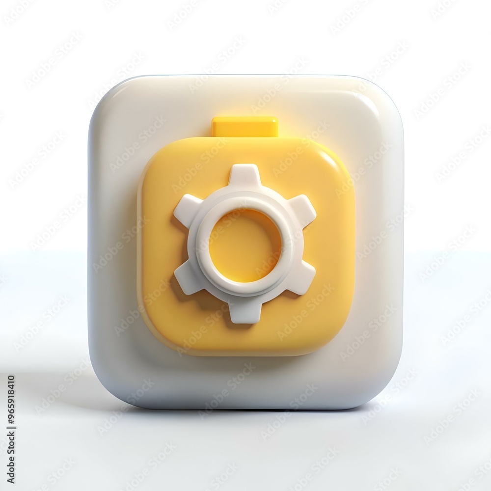 Sticker a 3d icon of a white gear setting on a yellow button in a white square frame.