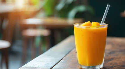 glass of mango  juice on the table at cafe 