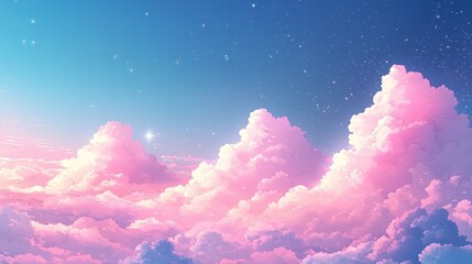 Pastel color dream background with glittering stars and colorful clouds in Japanese 2d anime style