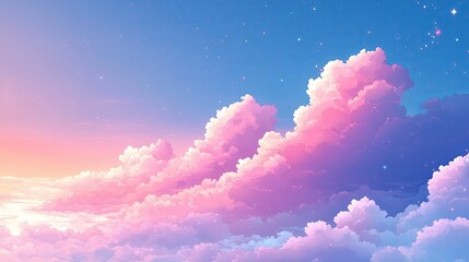 Pastel color dream background with glittering stars and colorful clouds in Japanese 2d anime style