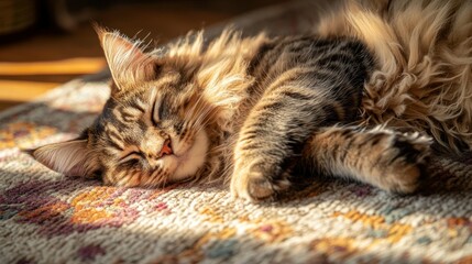 A sleeping cat rests comfortably on a colorful rug in warm sunlight.