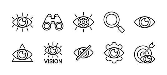 Business vision thin line icon vector set. Containing search, look, eye view, searching, telescope, blind, find setting, target, watching, eyesight, visibility, see, observe, spy, investigate © Vilogsign
