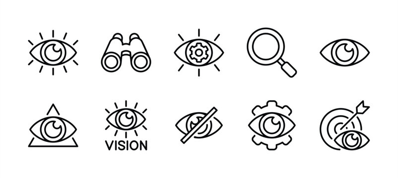 Business vision thin line icon vector set. Containing search, look, eye view, searching, telescope, blind, find setting, target, watching, eyesight, visibility, see, observe, spy, investigate