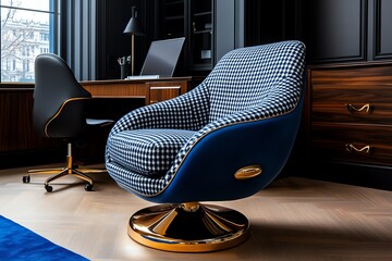 Retro chair with houndstooth upholstery and brass accents bringing sophistication and a vintage touch to a modern office