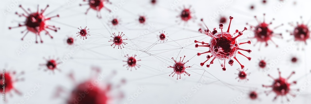 Aufkleber Red virus particles connected by network structures, representing virus transmission and global spread