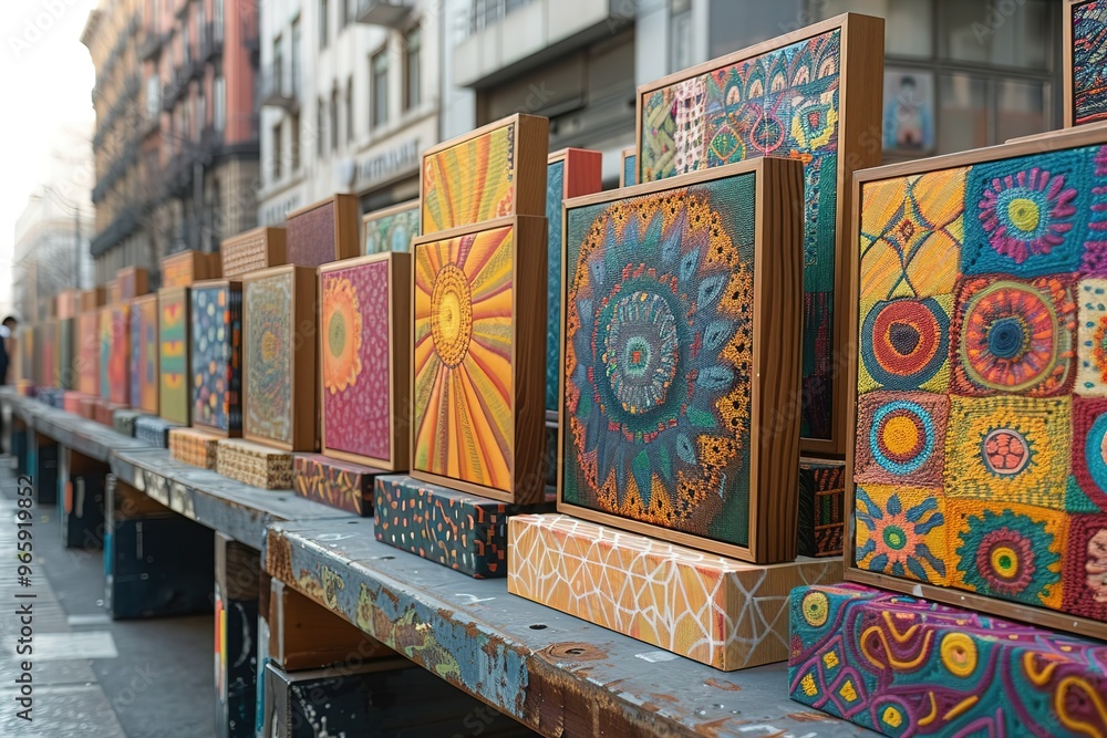 Poster a row of colorful paintings are displayed on a table