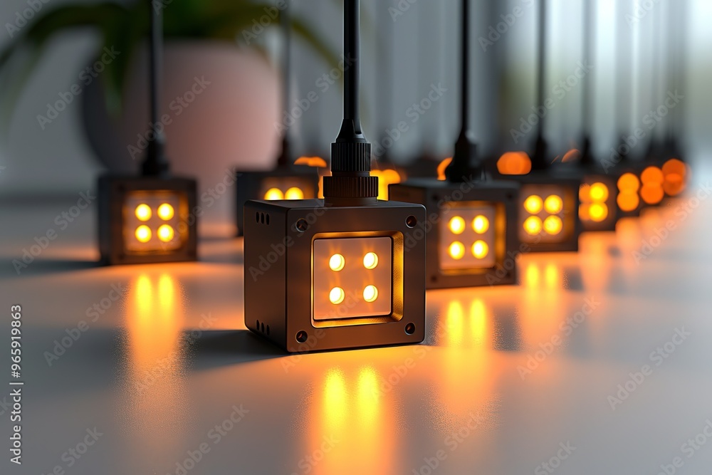 Poster a row of small yellow lights are lined up on a table