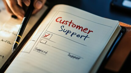 Close-up of handwritten notes in a notebook, with "Customer Support"