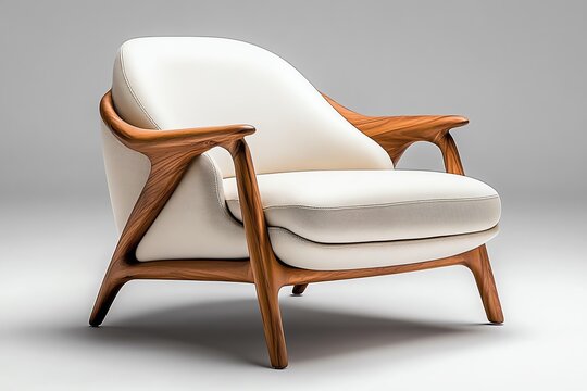 Retro chair with sleek, wooden arms and angled legs capturing the essence of mid-century modern design