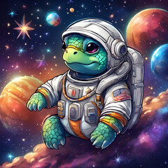 A cartoon astronaut and an alien in space with a spaceship, set against a starry background, featuring a mix of fantasy and funny elements