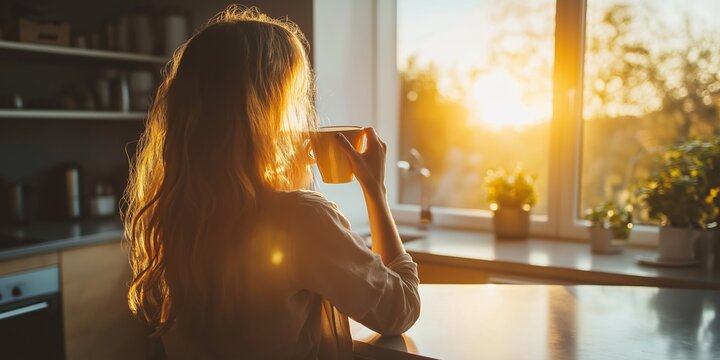 A woman is sitting at a table with a cup of coffee in front of her. She is looking out the window at the sun - Powered by Adobe