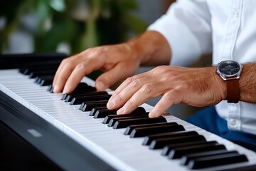 Fototapeta premium Senior man playing the piano, fingers gracefully gliding across the keys finds joy and fulfillment in the timeless art of music