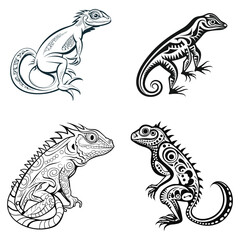 A silhouette lizard with intricate designs black and white vector illustration