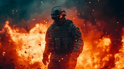 Heavily Armed Soldier in Explosive Combat Scenario with Flames and Smoke