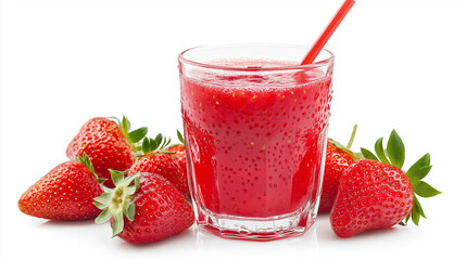 a glass of Strawberry smoothie  with straw and strawberry  isolated on white  background
