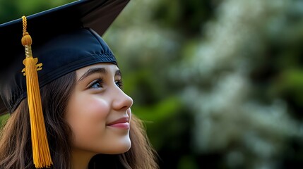 Smiling Graduate Woman in Cap and Gown Celebrating Academic Achievement Outdoors